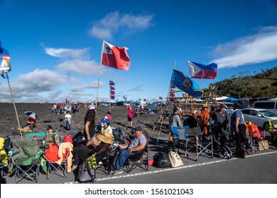 Puu Huluhulu, Hawaii US - August 11, 2019. Protesters Blocking The Access To Mount Maunakea Protesting The TMT Construction. Thirty Meter Telescope Protest.  Mauna Kea, Hawaii