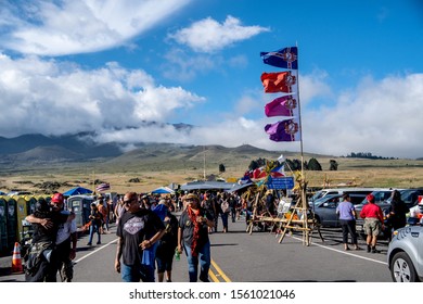 Puu Huluhulu, Hawaii US - August 11, 2019. Protesters Blocking The Access To Mount Maunakea Protesting The TMT Construction. Thirty Meter Telescope Protest.  Mauna Kea, Hawaii