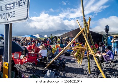 Puu Huluhulu, Hawaii US - August 11, 2019. Protesters Blocking The Access To Mount Maunakea Protesting The TMT Construction. Thirty Meter Telescope Protest.  Mauna Kea, Hawaii