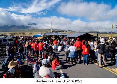 Puu Huluhulu, Hawaii US - August 11, 2019. Protesters Blocking The Access To Mount Maunakea Protesting The TMT Construction. Thirty Meter Telescope Protest.  Mauna Kea, Hawaii