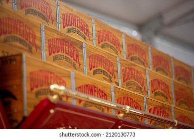 Puyallup, Washington, United States - 09-13-2021: A view of the retro Budweiser logo on a beer case wagon facade, seen at the Washington State Fair.