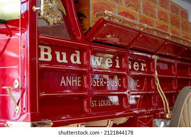 Puyallup, Washington, United States - 09-13-2021: A view of the Budweiser logo on a retro wagon facade, seen at the Washington State Fair.
