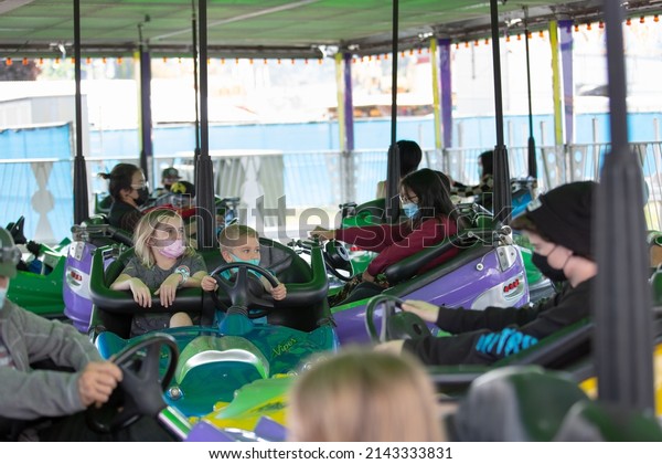Puyallup, Washington, United States - 09-13-2021: A\
view of several people enjoying the bumper cars attraction, seen at\
the Washington State\
Fair.