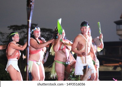 Puyo, Ecuador, 17-8-2019: Group Of Indigenous Peopel Or Waorani Performing A Traditional Dance