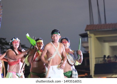 Puyo, Ecuador, 17-8-2019: Group Of Indigenous Peopel Or Waorani Performing A Traditional Dance