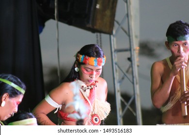 Puyo, Ecuador, 17-8-2019: Group Of Indigenous Peopel Or Waorani Performing A Traditional Dance