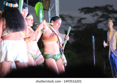 Puyo, Ecuador, 17-8-2019: Group Of Indigenous Peopel Or Waorani Performing A Traditional Dance