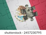 puzzle with the colourful national flag of mexico and usa dollar banknote. finance concept