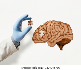 Puzzle With Illustration Of Human Brain And Doctor Hand With The Missing Piece Of Puzzle. Brain Treatment Concept.