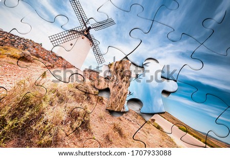 Puzzle made of beautiful landscape photo with windmill