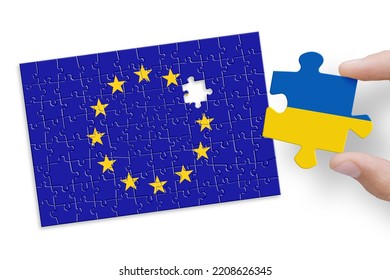 Puzzle made from Europe Union and Ukraine flags. Ukraine and European Union relationships  - Shutterstock ID 2208626345