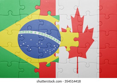 puzzle with the national flag of canada and brazil . concept