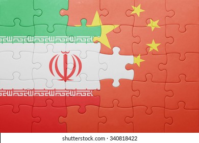 Puzzle With The National Flag Of China And Iran . Concept