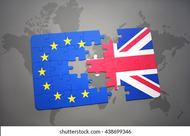 Puzzle With The National Flag Of Great Britain And European Union On A World Map Background. Brexit Concept