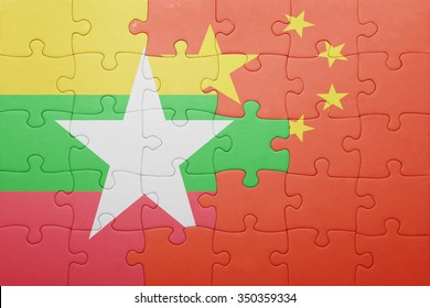 Puzzle With The National Flag Of Myanmar And China. Concept