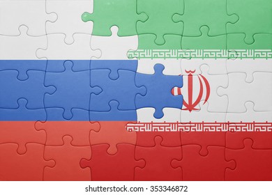 Puzzle With The National Flag Of Russia And Iran . Concept