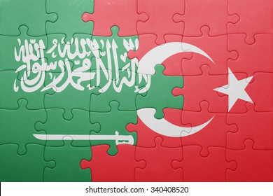 Puzzle With The National Flag Of Turkey And Saudi Arabia . Concept