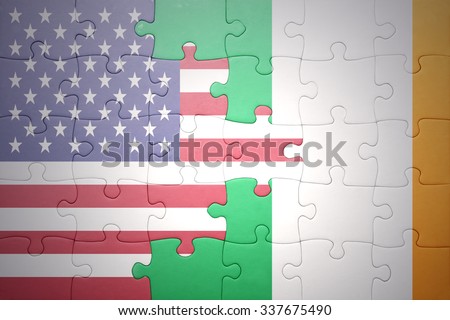 puzzle with the national flag of united states of america and ireland.concept
