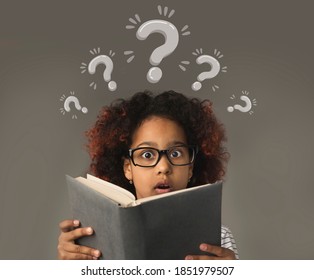 Puzzled Black Girl With Book Having Trouble Understanding School Program, Collage With Question Marks. Curious African American Child Studying Alone. Little Genius Solving Problem