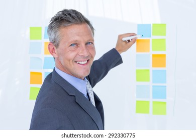 Puzzled Businessman Looking Post Its On The Wall In The Office