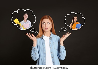 Puzzled woman choosing probable profession on black background - Shutterstock ID 1735968557
