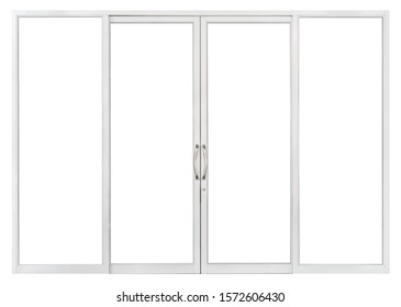 PVC Sliding Glass Door Isolated On White Background, Real Interior Clear Window Pane Frame Element For Front Store Office Design