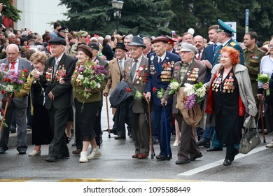Pyatigorsk, Russia - May 9, 2018: Veterans of military operations with medals in the column on the parade. Victory Day in the Great Patriotic War