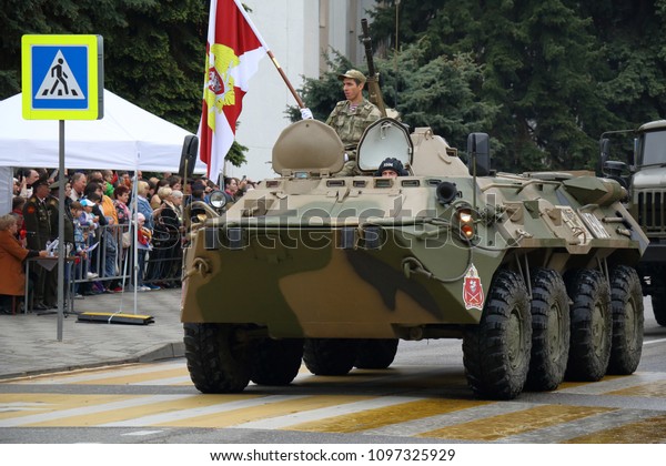 Pyatigorsk, Russia - May 9, 2018: BTR-80\
(GAZ-5903) Legendary wheeled amphibious armoured personnel carrier\
at the military parade. Has a National Guard of Russia Emblem\
onboard. Victory Day in\
Russia