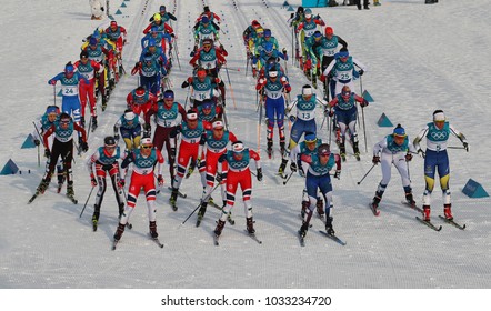 PYEONGCHANG, SOUTH KOREA - FEBRUARY 10, 2018: Mass Start In The   	Ladies' 7.5km + 7.5km Skiathlon  At The 2018 Winter Olympics In Alpensia Cross Country Centre