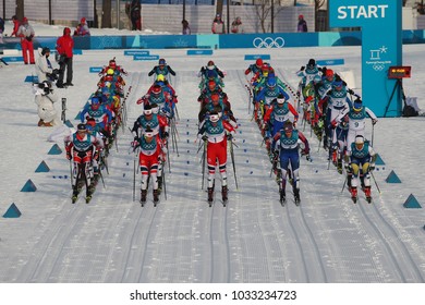 PYEONGCHANG, SOUTH KOREA - FEBRUARY 10, 2018: Mass Start In The   	Ladies' 7.5km + 7.5km Skiathlon  At The 2018 Winter Olympics In Alpensia Cross Country Centre