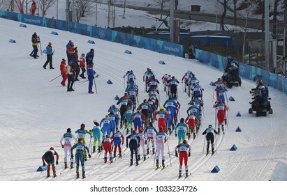 PYEONGCHANG, SOUTH KOREA - FEBRUARY 10, 2018: Mass Start In The   	Ladies' 7.5km + 7.5km Skiathlon  At The 2018 Winter Olympics In Alpensia Cross Country Centre