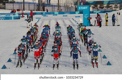 PYEONGCHANG, SOUTH KOREA - FEBRUARY 10, 2018: Mass Start In The   	Ladies' 7.5km + 7.5km Skiathlon  At The 2018 Winter Olympics In Alpensia Cross Country Centre