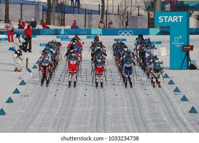 PYEONGCHANG, SOUTH KOREA - FEBRUARY 10, 2018: Mass Start In The   	Ladies' 7.5km + 7.5km Skiathlon  At The 2018 Winter Olympics In Alpensia Cross Country Centre