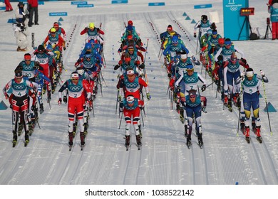 PYEONGCHANG, SOUTH KOREA - FEBRUARY 10, 2018: Mass Start In The Ladies' 7.5km + 7.5km Skiathlon At The 2018 Winter Olympics In Alpensia Cross Country Centre