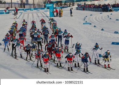 PYEONGCHANG, SOUTH KOREA - FEBRUARY 10, 2018: Mass Start In The Ladies' 7.5km + 7.5km Skiathlon At The 2018 Winter Olympics In Alpensia Cross Country Centre