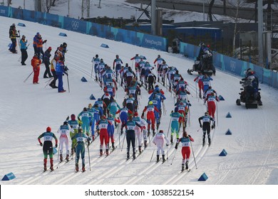 PYEONGCHANG, SOUTH KOREA - FEBRUARY 10, 2018: Mass Start In The Ladies' 7.5km + 7.5km Skiathlon At The 2018 Winter Olympics In Alpensia Cross Country Centre