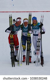 PYEONGCHANG, SOUTH KOREA - FEBRUARY 10, 2018: Mass Start In The Ladies' 7.5km + 7.5km Skiathlon At The 2018 Winter Olympics In Alpensia Cross Country Centre