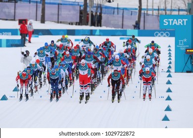 PYEONGCHANG, SOUTH KOREA - FEBRUARY 11, 2018: Mass Start In The  Men's 15km + 15km Skiathlon At The 2018 Winter Olympics In Alpensia Cross Country Centre