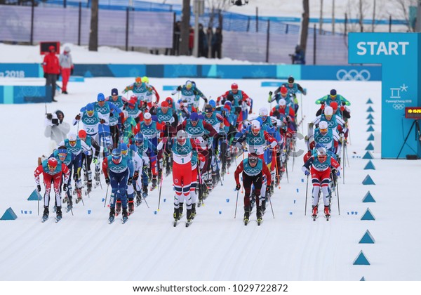 PYEONGCHANG, SOUTH KOREA - FEBRUARY 11,\
2018: Mass start in the  Men\'s 15km + 15km Skiathlon at the 2018\
Winter Olympics in Alpensia Cross Country\
Centre