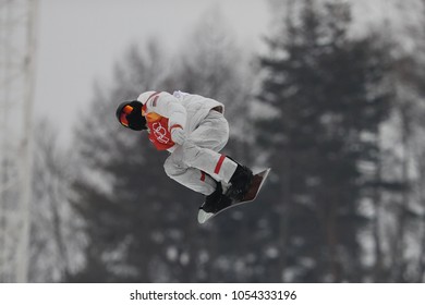 PYEONGCHANG, SOUTH KOREA - FEBRUARY 14, 2018: Olympic Champion Shaun White Competes In The Men's Snowboard Halfpipe Final At The 2018 Winter Olympics In Phoeinix Snow Park