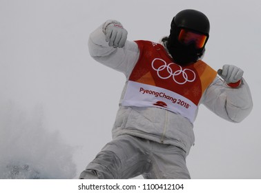 PYEONGCHANG, SOUTH KOREA - FEBRUARY 14, 2018: Olympic Champion Shaun White Of The United States Competes In The Men's Snowboard Halfpipe Final At The 2018 Winter Olympics In Phoeinix Snow Park