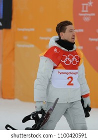 PYEONGCHANG, SOUTH KOREA - FEBRUARY 14, 2018: Olympic Champion Shaun White Of The United States Competes In The Men's Snowboard Halfpipe Final At The 2018 Winter Olympics In Phoeinix Snow Park