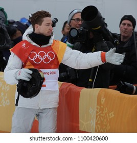 PYEONGCHANG, SOUTH KOREA - FEBRUARY 14, 2018: Olympic Champion Shaun White Of The United States Competes In The Men's Snowboard Halfpipe Final At The 2018 Winter Olympics In Phoeinix Snow Park