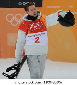 PYEONGCHANG, SOUTH KOREA - FEBRUARY 14, 2018: Olympic Champion Shaun White Of The United States Competes In The Men's Snowboard Halfpipe Final At The 2018 Winter Olympics In Phoeinix Snow Park