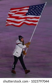 PYEONGCHANG, SOUTH KOREA – FEBRUARY 9, 2018: Olympic Champion Erin Hamlin Carrying The United States Flag Leading The Olympic Team USA The PyeongChang 2018 Olympics Opening Ceremony 