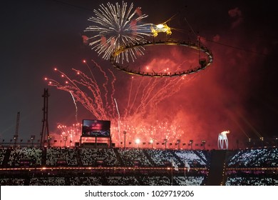 PYEONGCHANG, SOUTH KOREA - FEBRUARY 9, 2018: The 2018 Winter Olympics Opening Ceremony. Olympic Games 2018 Officially Opened With A Colorful Ceremony At The Olympics Stadium In PyeongChang