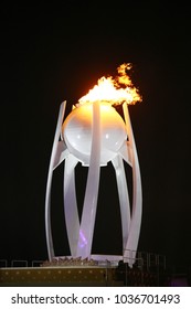 PYEONGCHANG, SOUTH KOREA - FEBRUARY 9, 2018: The Olympic Flame Burns In The PyeongChang Olympic Stadium During The Opening Ceremony At The 2018 Winter Olympics 