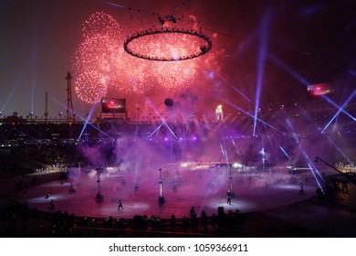 PYEONGCHANG, SOUTH KOREA - FEBRUARY 9, 2018: The 2018 Winter Olympics Opening Ceremony. Olympic Games 2018 Officially Opened With A Colorful Ceremony At The Olympics Stadium In PyeongChang 