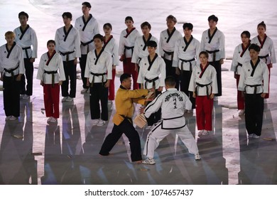 PYEONGCHANG, SOUTH KOREA - FEBRUARY 9, 2018: North-South Taekwondo Team Performs Before The Opening Ceremony During The Pyeongchang 2018 Olympic Winter Games At Pyeongchang Olympic Stadium