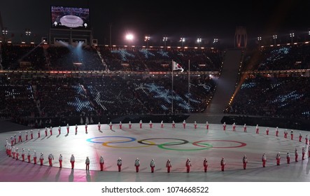 PYEONGCHANG, SOUTH KOREA - FEBRUARY 9, 2018: The 2018 Winter Olympics Opening Ceremony. Olympic Games 2018 Officially Opened With A Colorful Ceremony At The Olympics Stadium In PyeongChang